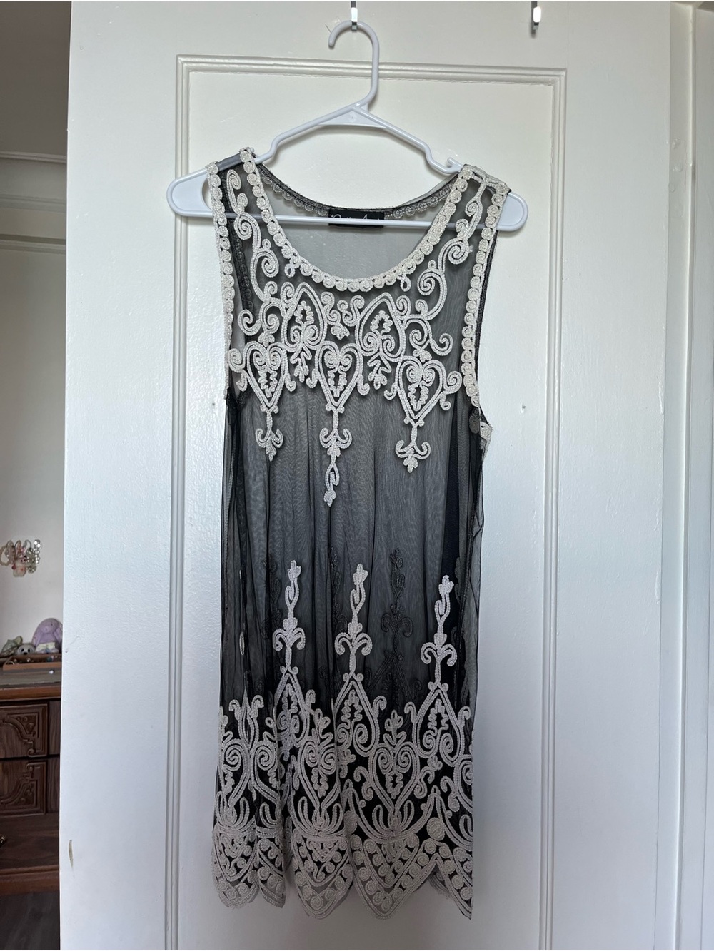 Sheer Black Dress with Ivory Lace Applique